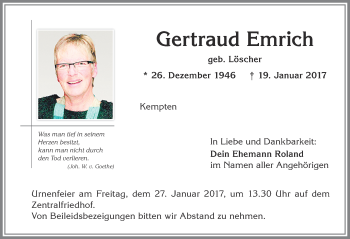 Traueranzeige von Gertraud Emrich von Allgäuer Zeitung,Kempten