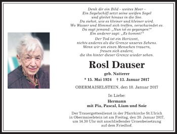 Traueranzeige von Rosl Dauser von Allgäuer Anzeigeblatt