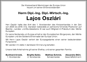 Traueranzeige von Lajos Oszläri von Memminger Zeitung