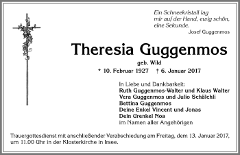 Traueranzeige von Theresia Guggenmos von Allgäuer Zeitung, Kaufbeuren/Buchloe