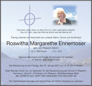 Traueranzeige von Roswitha Margarethe Ennemoser von Der Westallgäuer