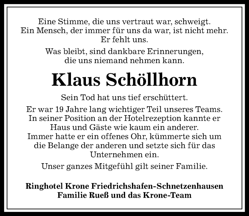  Traueranzeige für Klaus Schöllhorn vom 07.01.2017 aus Allgäuer Anzeigeblatt