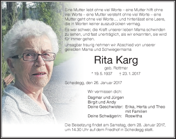 Traueranzeige von Rita Karg von Der Westallgäuer