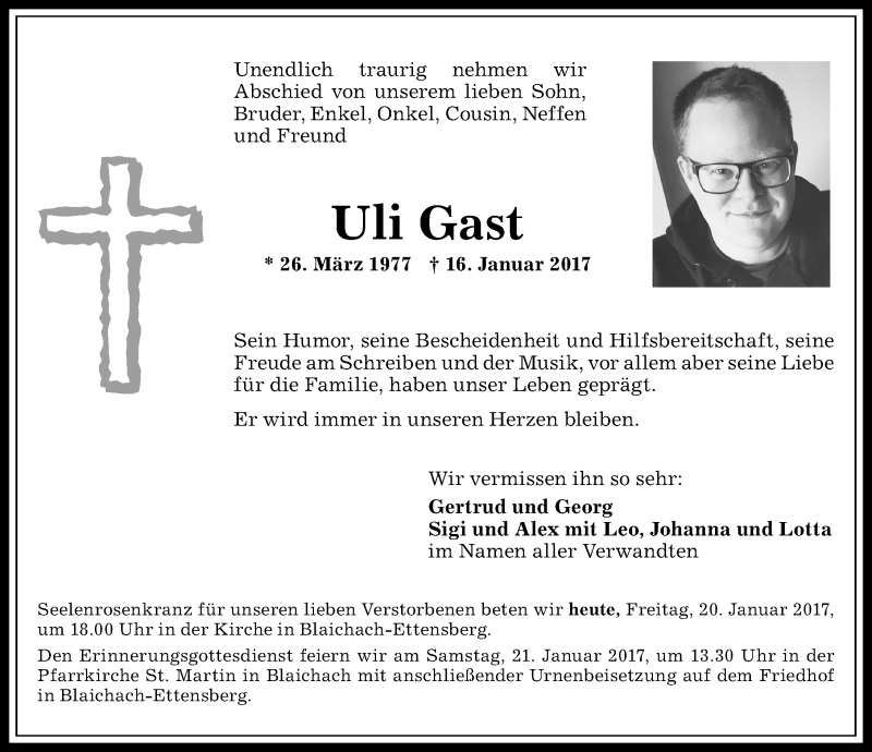  Traueranzeige für Uli Gast vom 20.01.2017 aus Allgäuer Anzeigeblatt