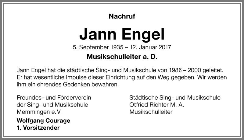  Traueranzeige für Jann Engel vom 27.01.2017 aus Memminger Zeitung