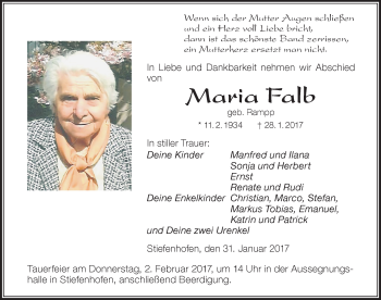 Traueranzeige von Maria Falb von Der Westallgäuer