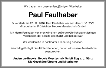 Traueranzeige von Paul Faulhaber von Memminger Zeitung