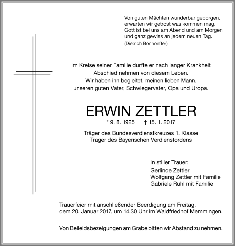  Traueranzeige für Erwin Zettler vom 17.01.2017 aus Memminger Zeitung