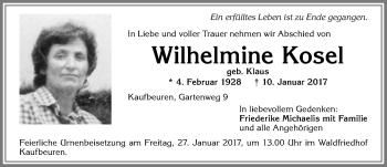 Traueranzeige von Wilhelmine Kosel von Allgäuer Zeitung, Kaufbeuren/Buchloe