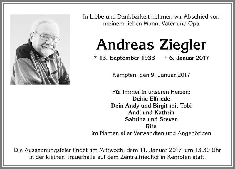  Traueranzeige für Andreas Ziegler vom 09.01.2017 aus Allgäuer Zeitung,Kempten
