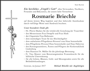 Traueranzeige von Rosmarie Briechle von Der Westallgäuer