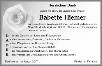 Traueranzeige von Babette Hiemer von Allgäuer Zeitung, Kaufbeuren/Buchloe