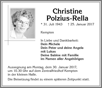 Traueranzeige von Christine Polzius-Rella von Allgäuer Zeitung,Kempten