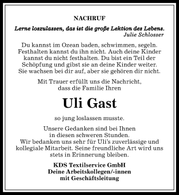 Traueranzeige von Uli Gast von Allgäuer Anzeigeblatt