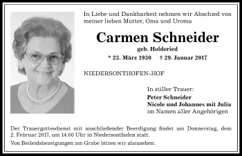 Traueranzeige von Carmen Schneider von Allgäuer Zeitung