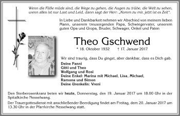 Traueranzeige von Theo Gschwend von Allgäuer Zeitung, Füssen