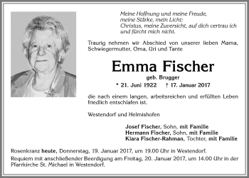 Traueranzeige von Emma Fischer von Allgäuer Zeitung, Kaufbeuren/Buchloe