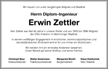 Traueranzeige von Erwin Zettler von Memminger Zeitung