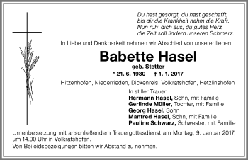 Traueranzeige von Babette Hasel von Memminger Zeitung