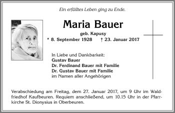 Traueranzeige von Maria Bauer von Allgäuer Zeitung, Kaufbeuren/Buchloe