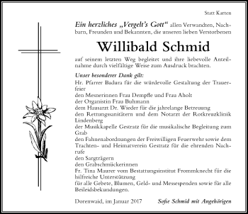 Traueranzeige von Willibald Schmid von Der Westallgäuer