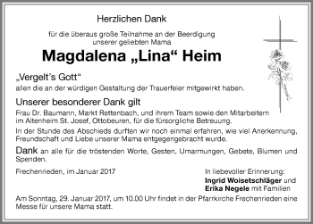 Traueranzeige von Magdalena  Heim von Memminger Zeitung