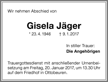 Traueranzeige von Gisela Jäger von Memminger Zeitung