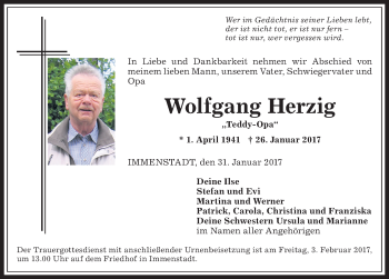 Traueranzeige von Wolfgang Herzig von Allgäuer Anzeigeblatt