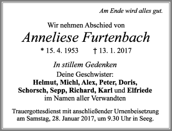 Traueranzeige von Anneliese Furtenbach von Allgäuer Zeitung