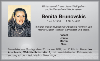 Traueranzeige von Benita Brunovskis von Memminger Zeitung