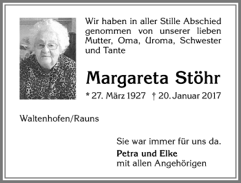 Traueranzeige von Margareta Stöhr von Allgäuer Zeitung,Kempten