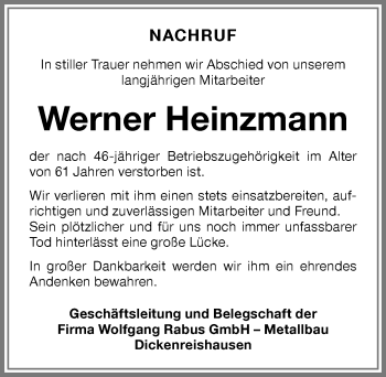 Traueranzeige von Werner Heinzmann von Memminger Zeitung