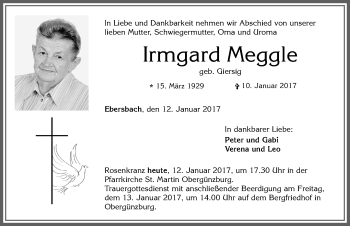 Traueranzeige von Irmgard Meggle von Allgäuer Zeitung, Marktoberdorf