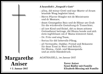 Traueranzeige von Margarethe Aniser von Allgäuer Anzeigeblatt
