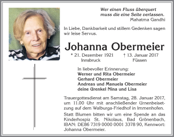 Traueranzeige von Johanna Obermeier von Allgäuer Zeitung, Marktoberdorf