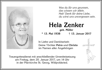 Traueranzeige von Hela Zenker von Allgäuer Zeitung,Kempten