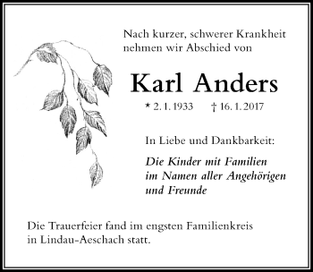 Traueranzeige von Karl Anders von Der Westallgäuer