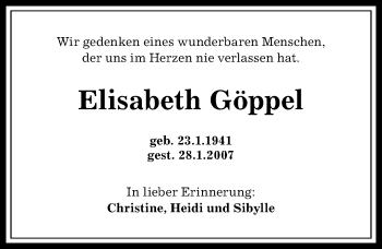 Traueranzeige von Elisabeth Göppel von Allgäuer Anzeigeblatt