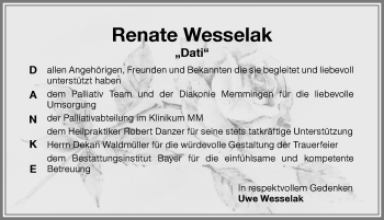 Traueranzeige von Renate Wesselak von Memminger Zeitung