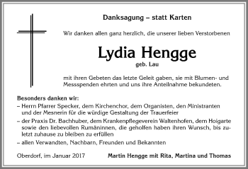 Traueranzeige von Lydia Hengge von Allgäuer Zeitung,Kempten