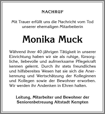 Traueranzeige von Monika Muck von Allgäuer Zeitung,Kempten