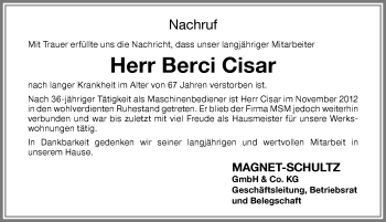 Traueranzeige von Berci Cisar von Memminger Zeitung