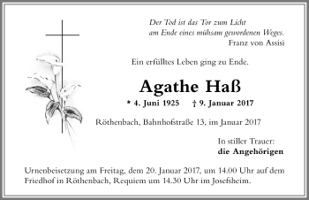 Traueranzeige von Agathe Haß von Der Westallgäuer