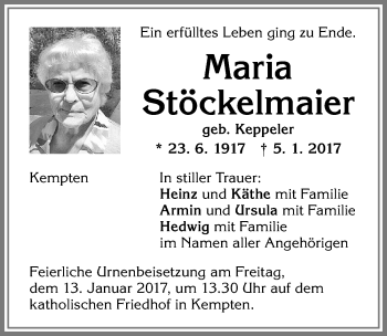 Traueranzeige von Maria Stöckelmaier von Allgäuer Zeitung,Kempten
