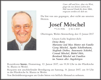 Traueranzeige von Josef Möschel von Der Westallgäuer