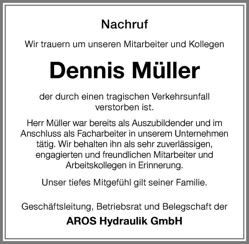  Traueranzeige für Dennis Müller vom 10.01.2017 aus Memminger Zeitung