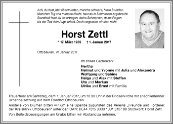 Traueranzeige von Horst Zettl von Memminger Zeitung