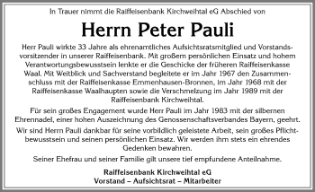 Traueranzeige von Peter Pauli von Allgäuer Zeitung, Kaufbeuren/Buchloe