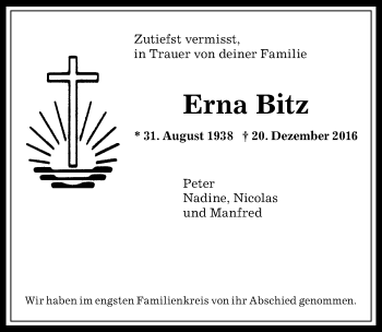 Traueranzeige von Erna Bitz von Allgäuer Anzeigeblatt
