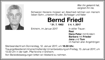 Traueranzeige von Bernd Friedl von Memminger Zeitung